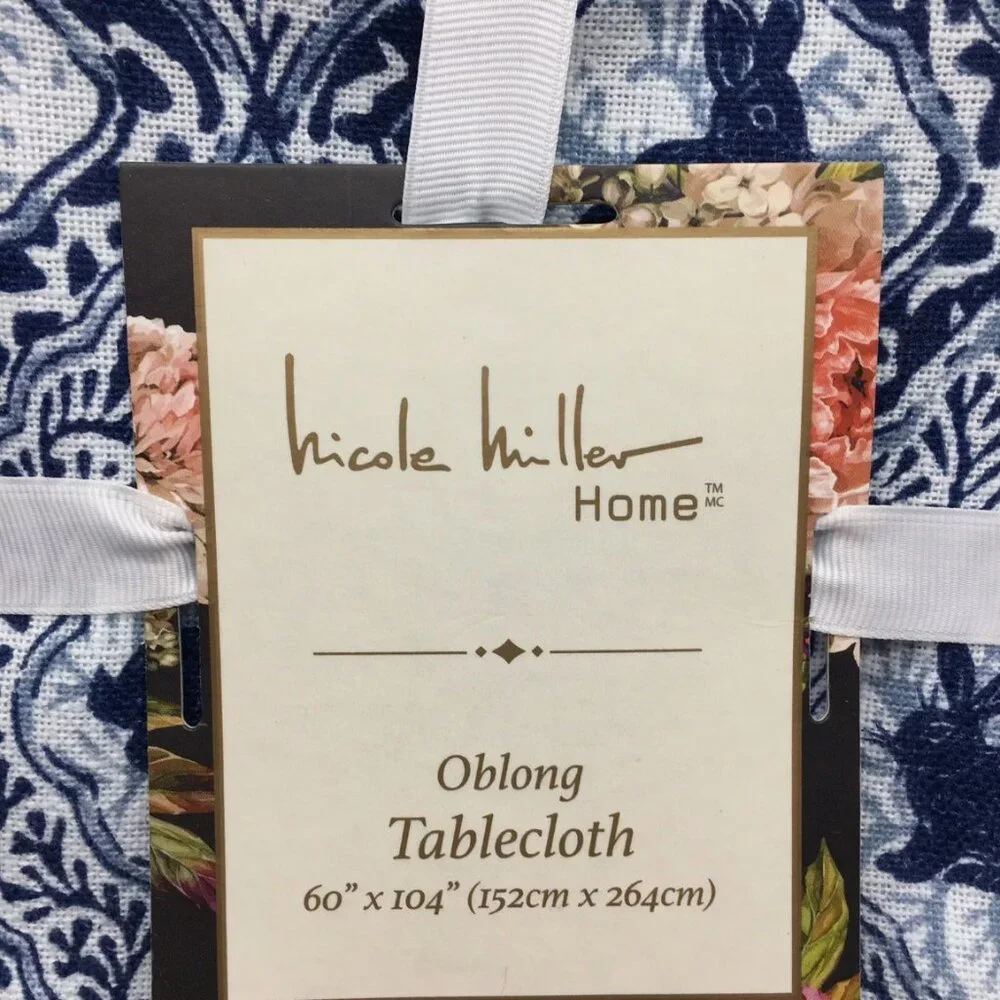 Nicole Miller Easter Bunny Tablecloth 60x104 Blue White Farmhouse Country Spring